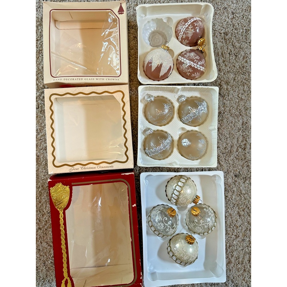 Vtg Glass Ball Christmas Ornaments Gold Pink Glitter Set 11 Filigree Flower